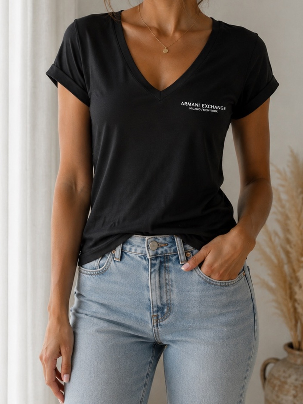 Armani Exchange Black V-Neck Logo Tee
